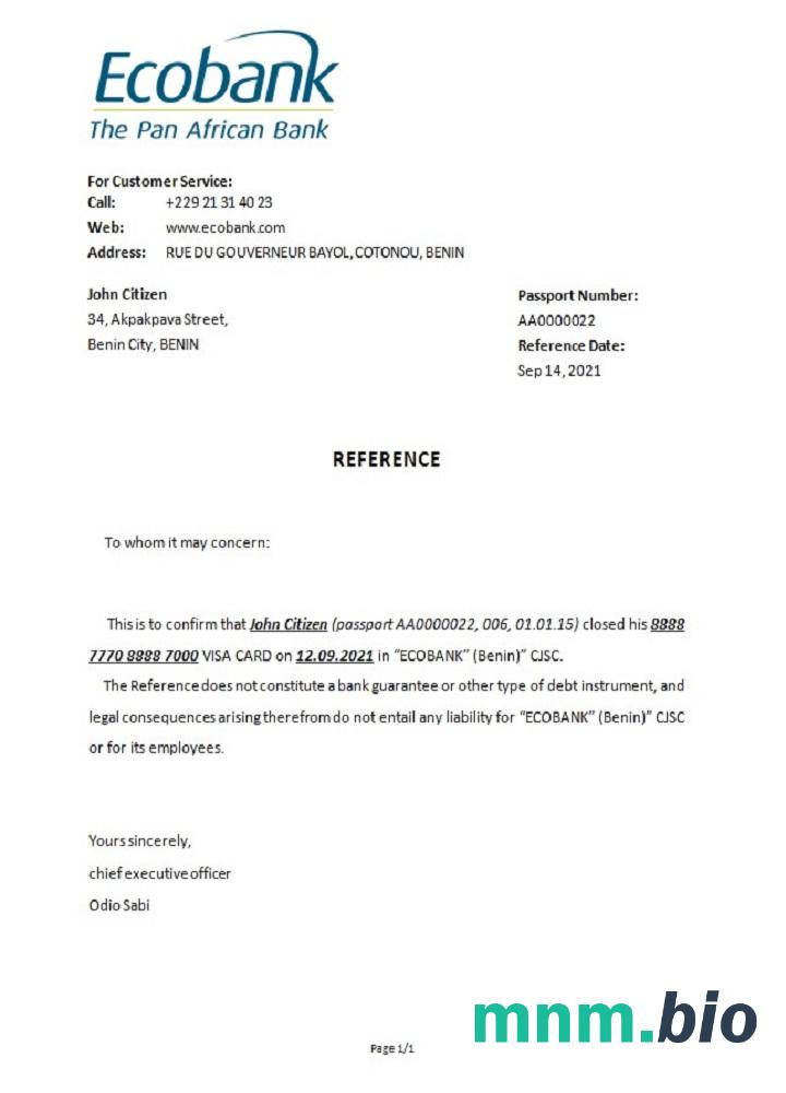 Przykład odniesienia do zamknięcia Ecobank w Beninie w formatach Word i PDF